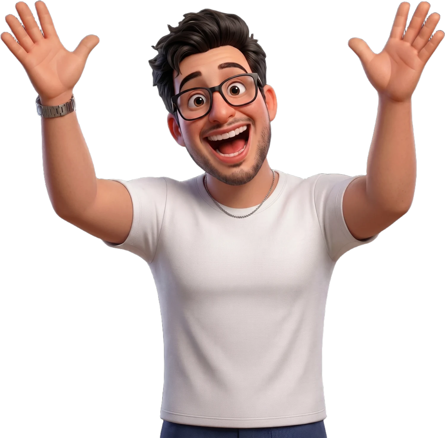 Guima, o personagem 3D do Guilherme, acenando com as duas mãos