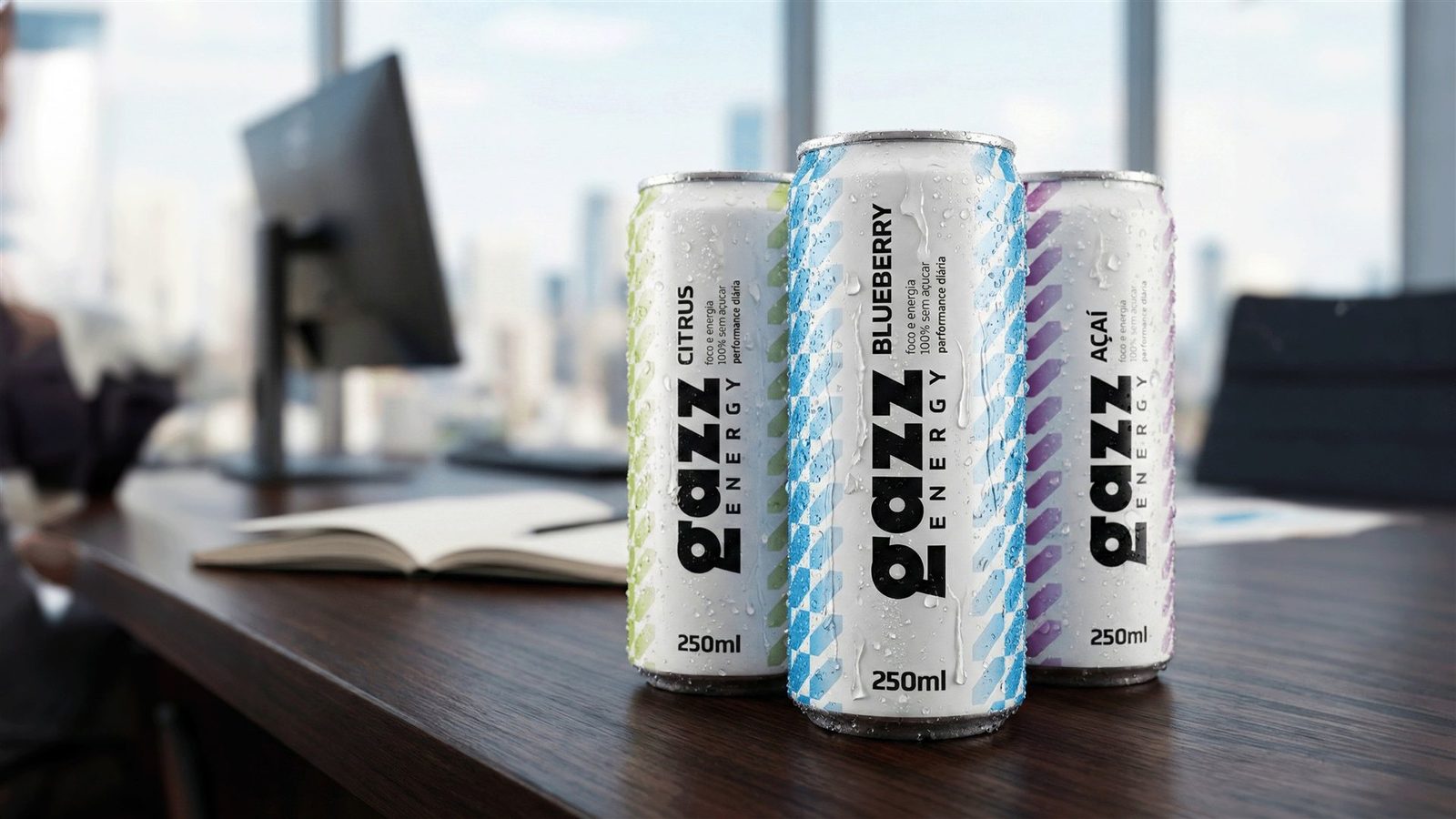 Latas da Gazz Energy nos sabores Citrus, Blueberry e Açaí