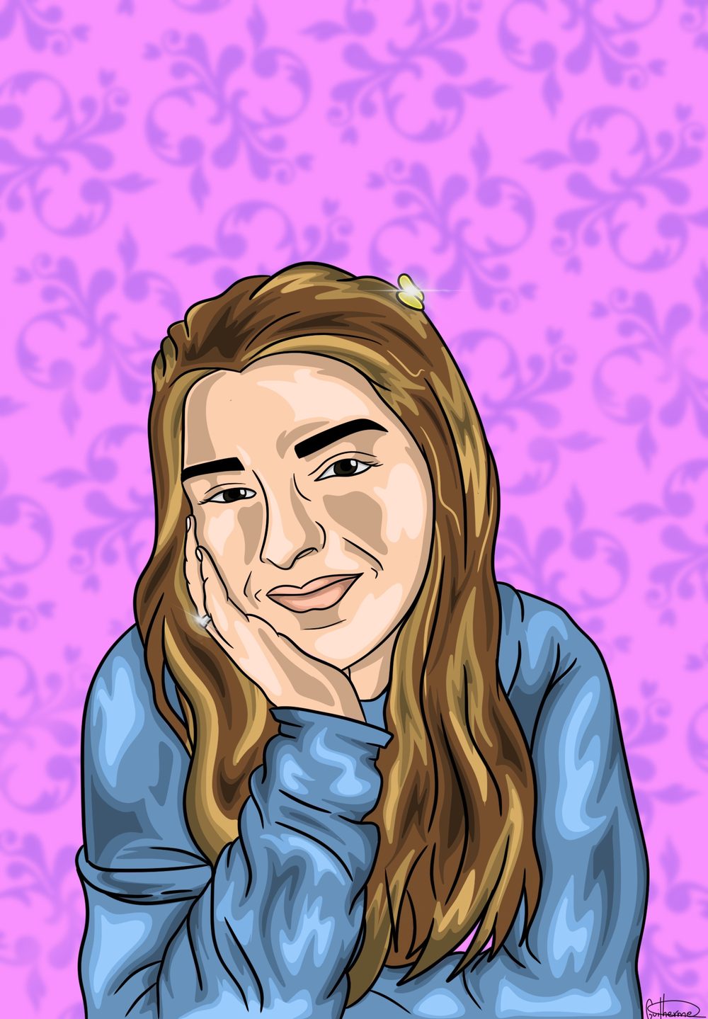Retrato de uma menina de cabelo castanho sobre fundo lilás estampado