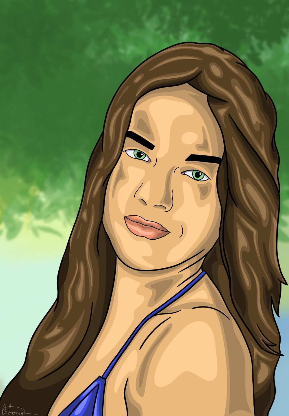 Retrato de uma mulher de cabelo longo sobre fundo verde