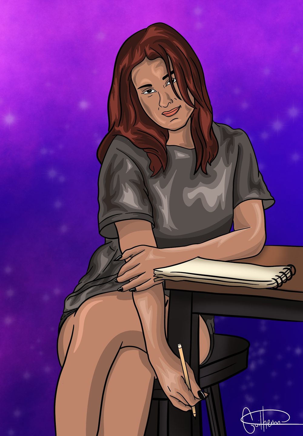 Menina sentada numa carteira, desenhando, sobre fundo roxo