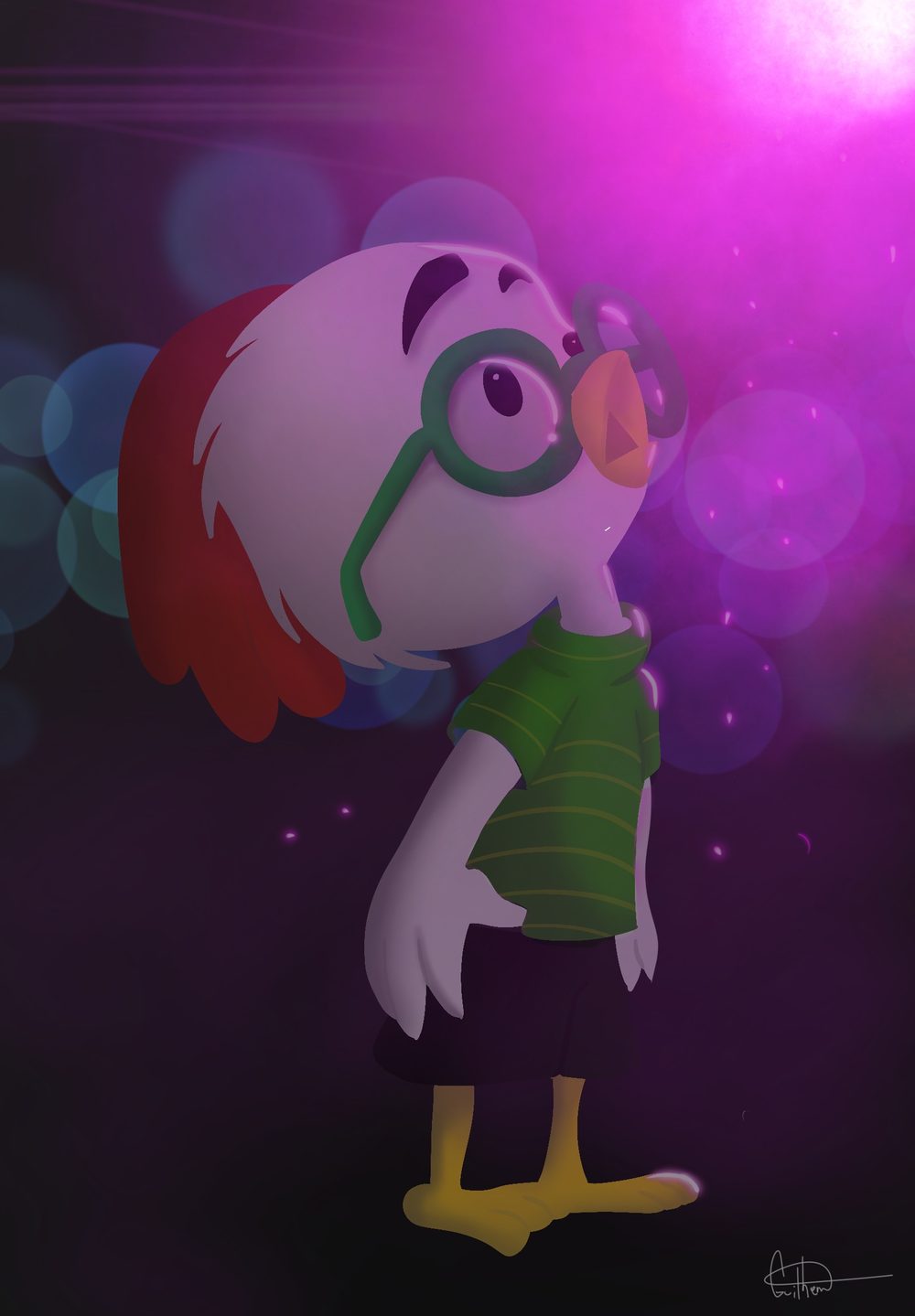 Pato de desenho animado com óculos sobre fundo rosa e roxo