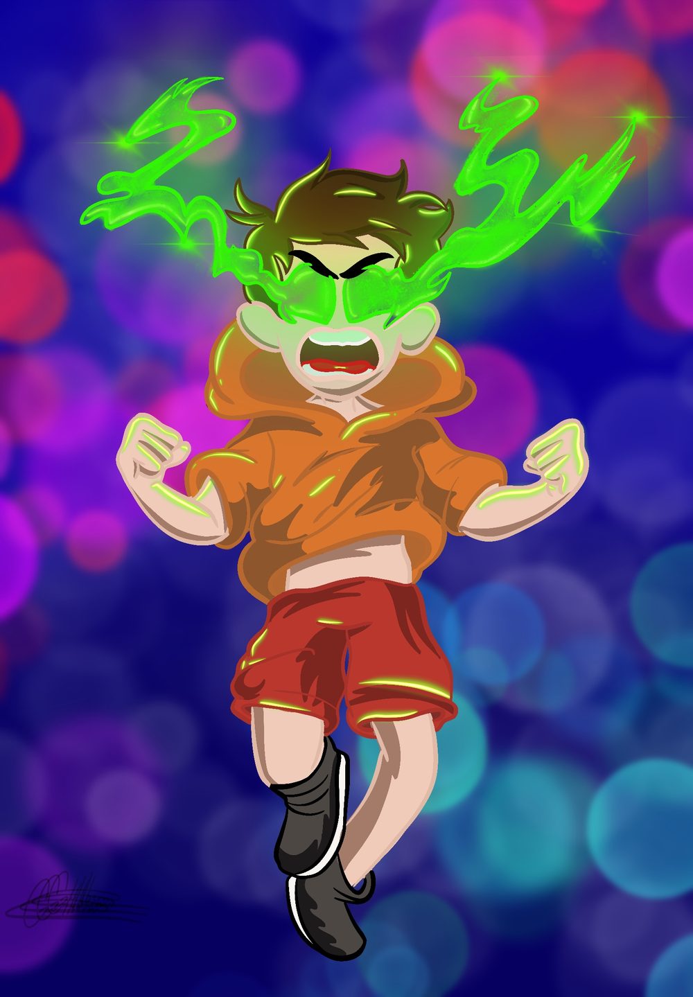Personagem pulando com cabelo em chamas verdes sobre fundo azul