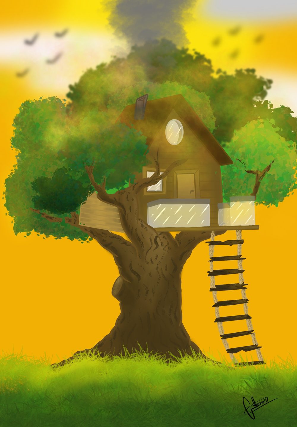Casa na árvore com escada sobre fundo amarelo