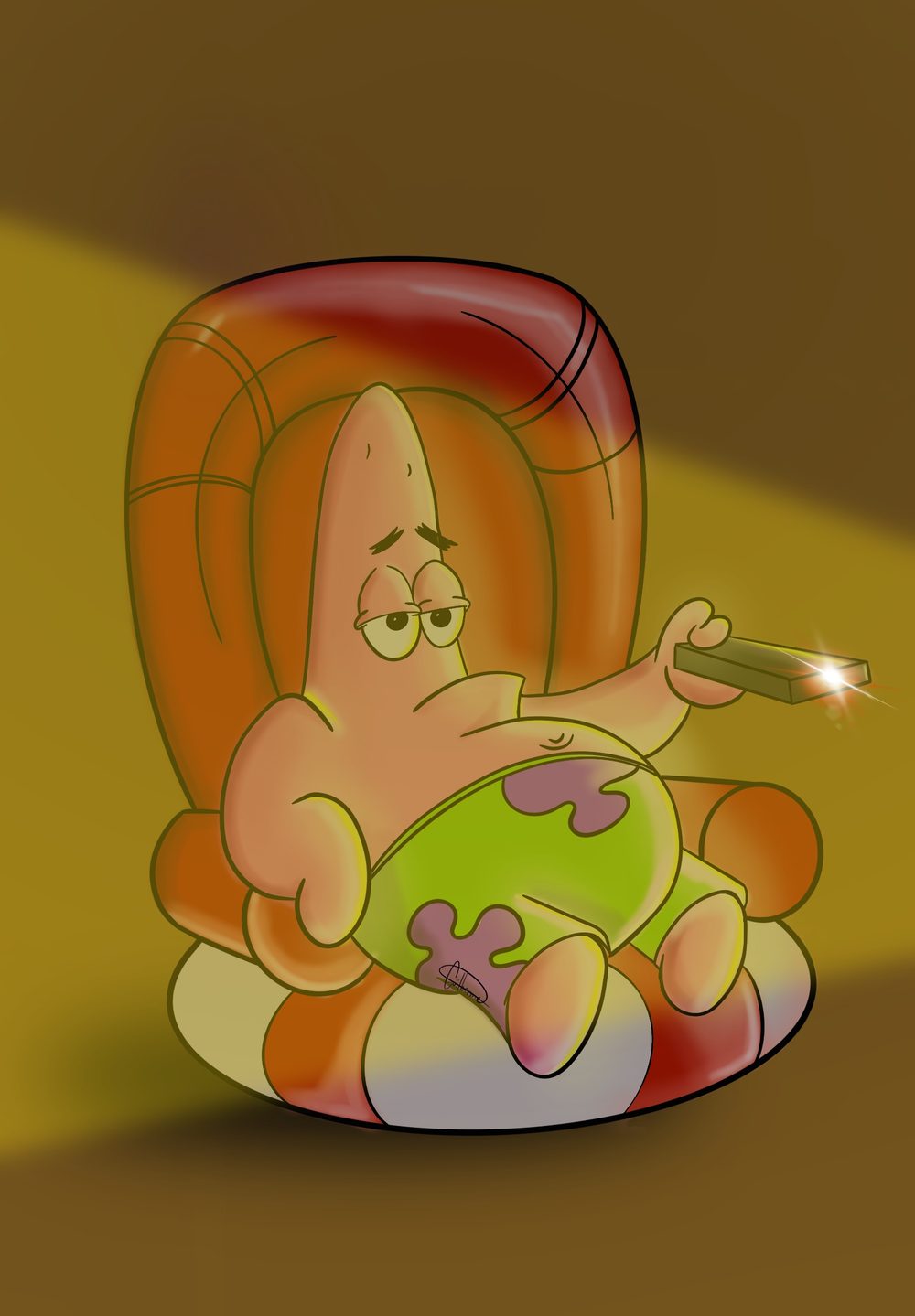 Personagem laranja deitado sobre fundo mostarda