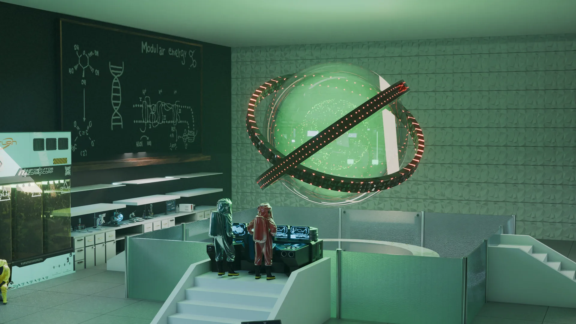 Render final: laboratório sci-fi com a bola de energia presa na parede e dois cientistas de traje de proteção na plataforma